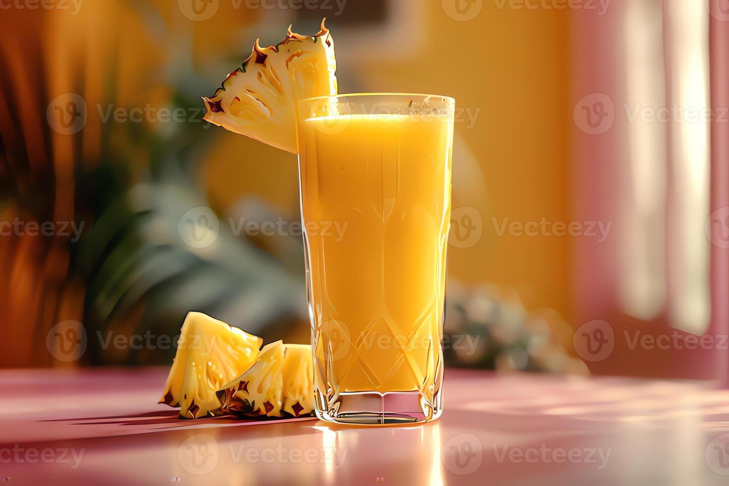 AI generated Glass of pineapple juice on table in cafe, closeup. photo