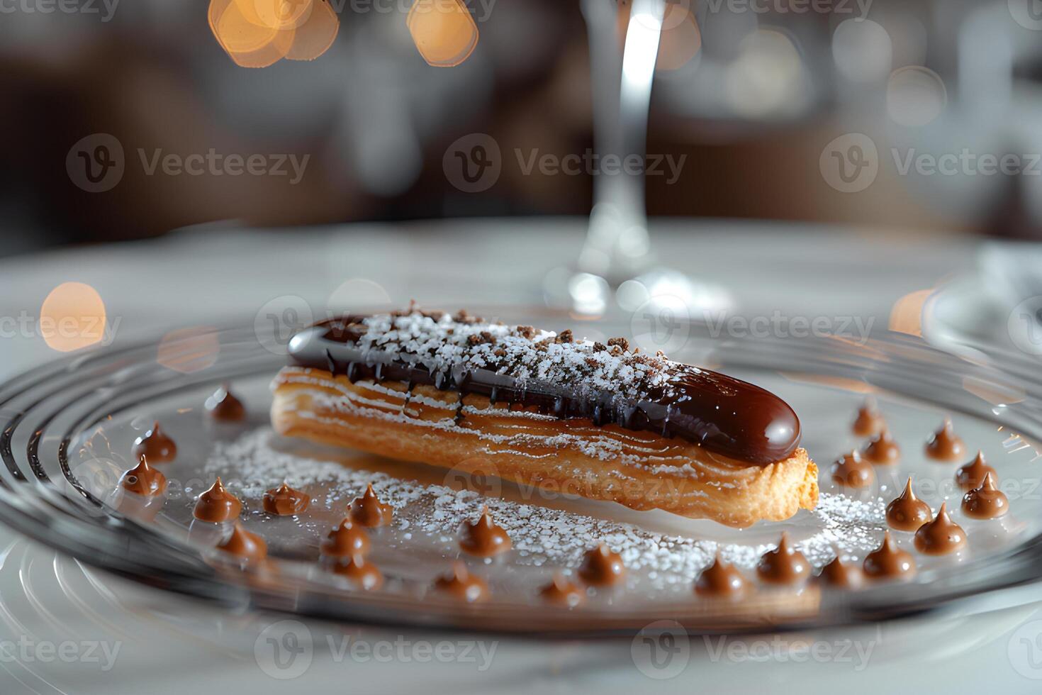 AI generated French eclair doused with chocolate on a glass plate photo