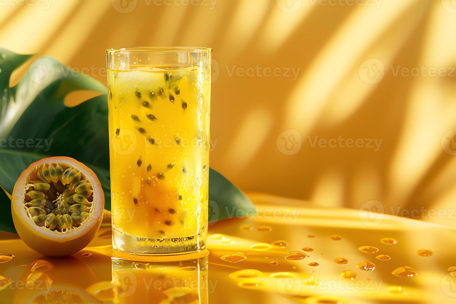 AI generated Glass of passion juice on table in cafe, closeup. photo