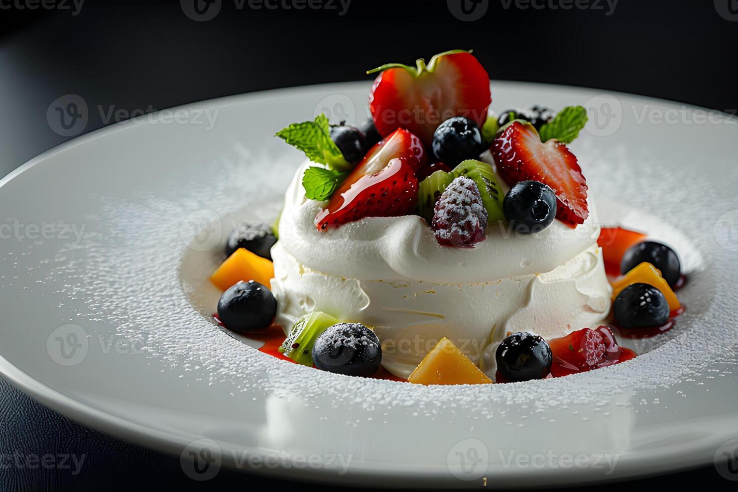 ai generado Pavlova pastel con Fresco bayas en un blanco plato foto