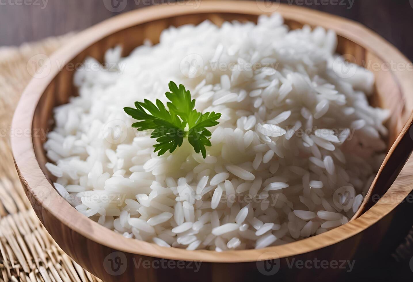 AI generated wooden bowl filled with white rice is placed alongside fresh garlic, creating a simple and appetizing culinary scene. photo