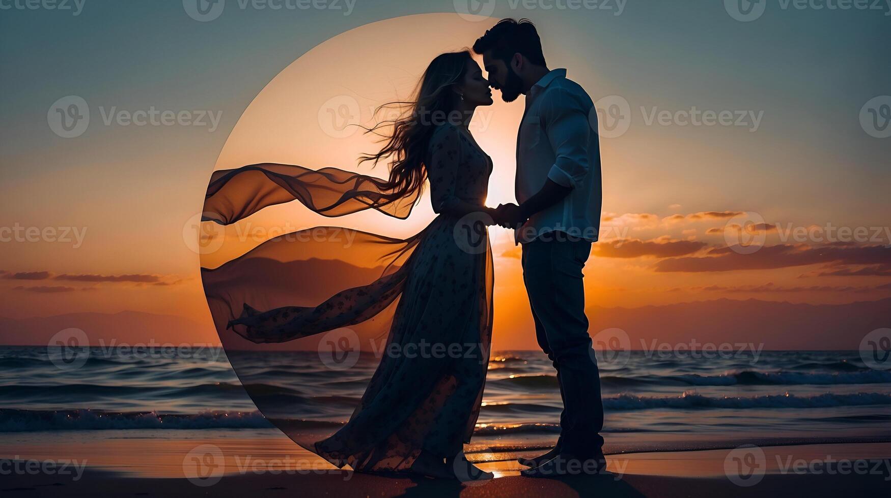 ai generado Beso día, Pareja besos doble exposición ese combina un diosa silueta con puesta de sol costa, puesta de sol costa debería servir foto