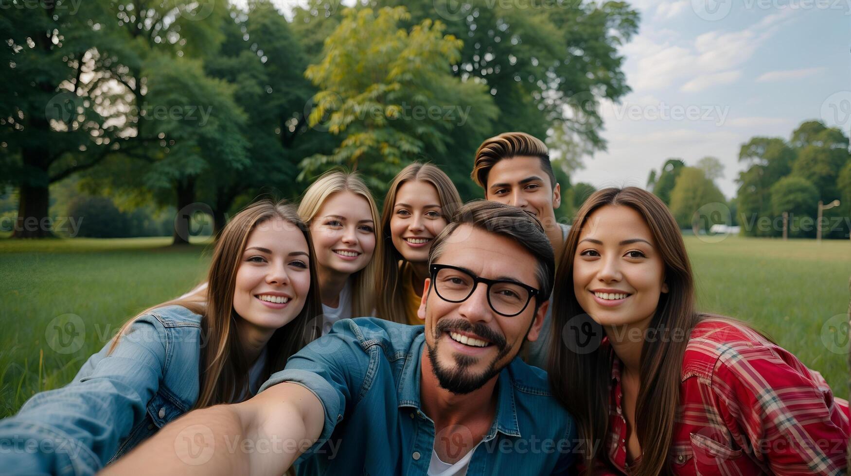 ai generado grande grupo de alegre joven amigos tomando selfie retrato. contento personas mirando a el cámara sonriente. concepto de comunidad, juventud estilo de vida y amistad foto