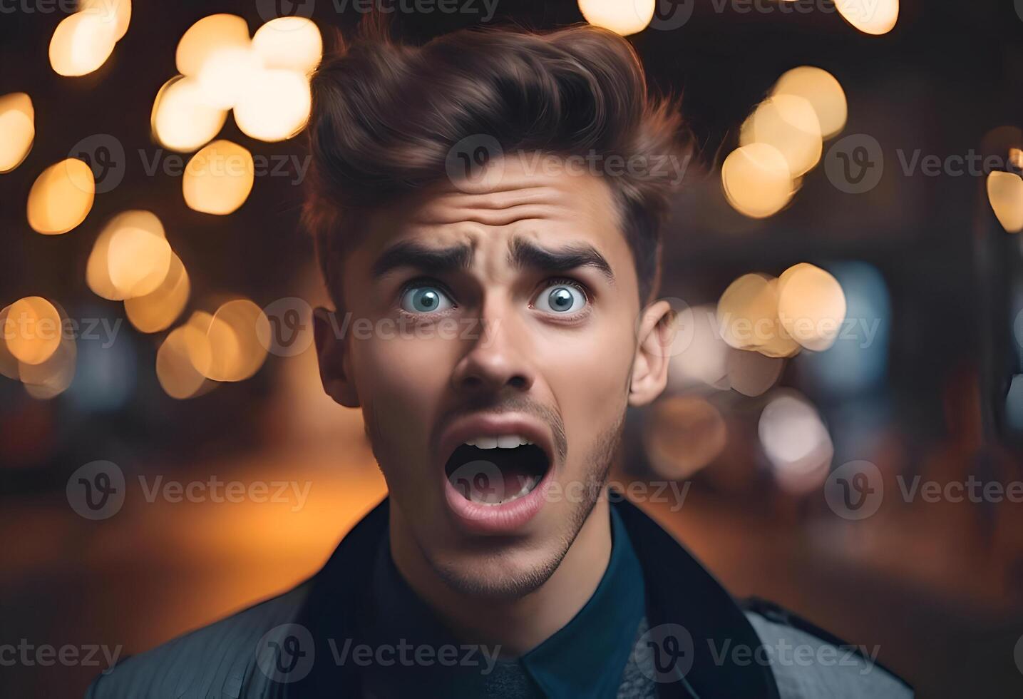 AI generated young man expressing surprise and shock with his mouth open and wide open eyes. AI Generative photo