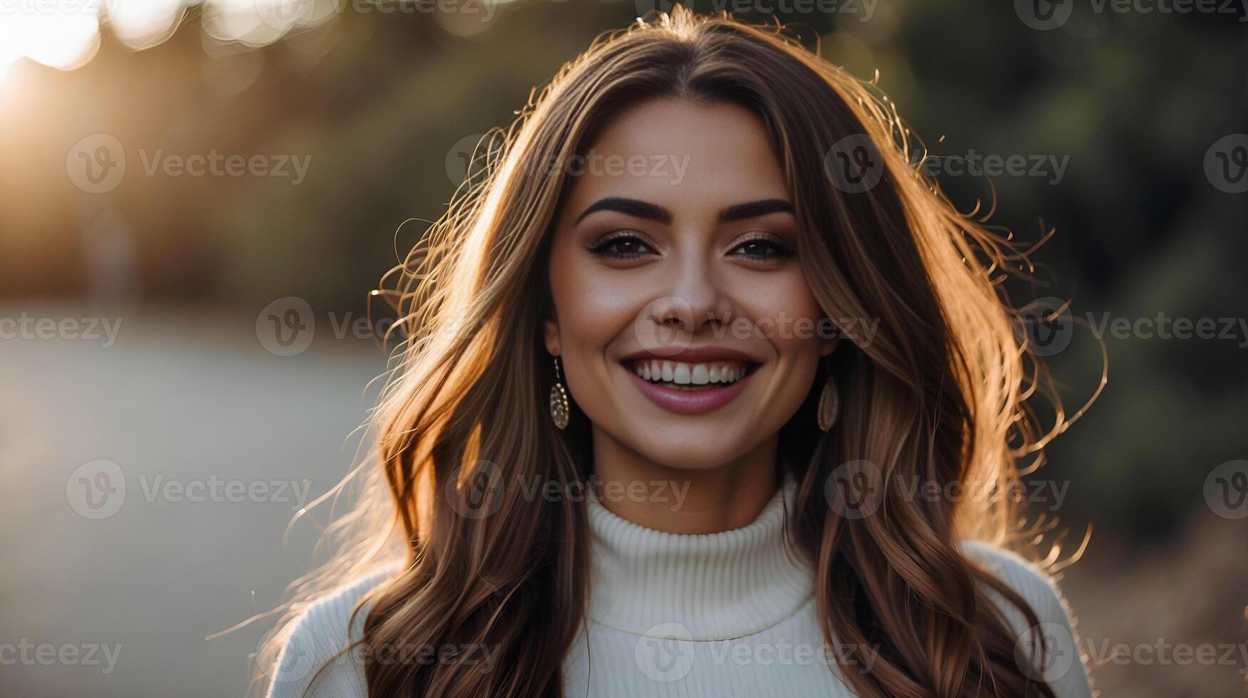 AI generated stunning woman with a radiant smile, flawless skin, and a touch of natural make-up, her pearly white teeth shining in the sunlight. photo