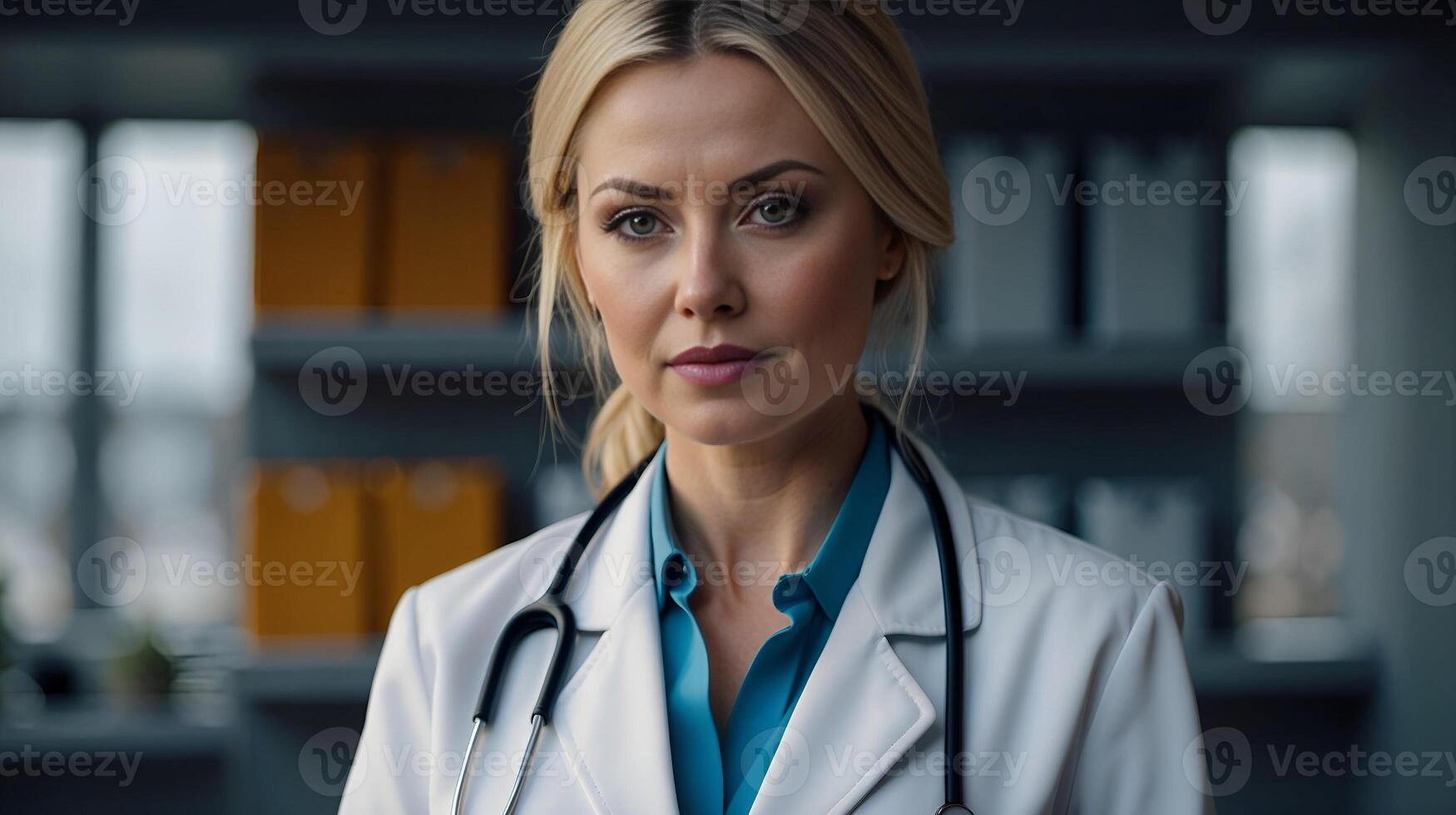 AI generated National Doctors Day, Healthcare concept. Middle-aged woman doctor in uniform, Smiling female doctor in lab coat with arms crossed against, AI Generative photo
