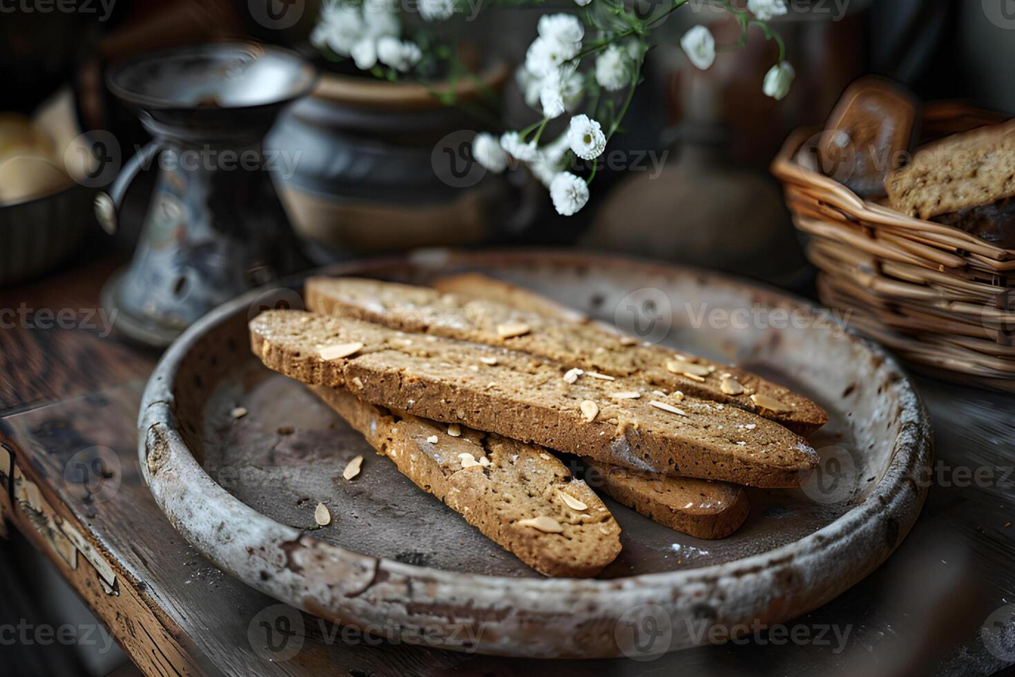 ai generado biscotti con Almendras en un de madera mesa foto
