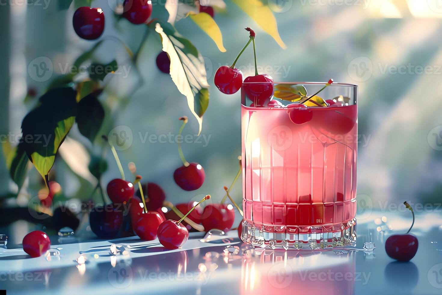 AI generated Glass of cherry juice on table in cafe, closeup. photo