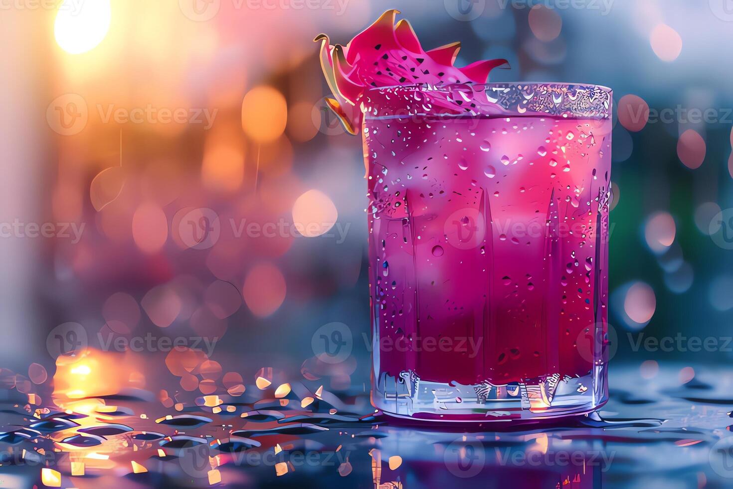 AI generated Glass of Dragon fruit juice on table in cafe, closeup. photo