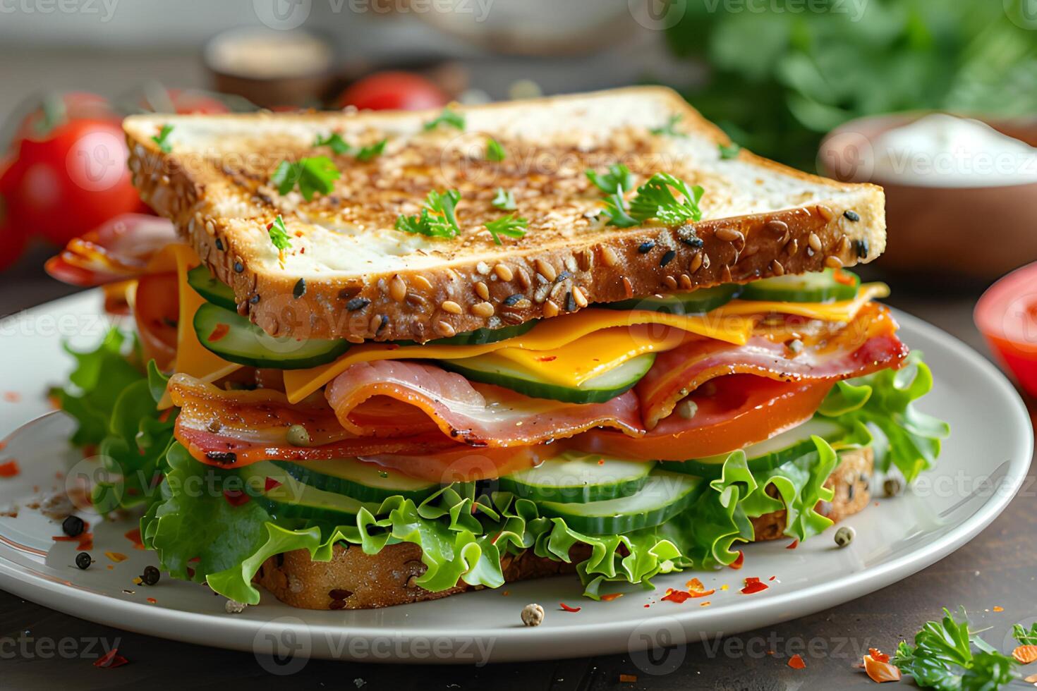 AI generated Sandwich with beef, cheese, and vegetables on a wooden background photo