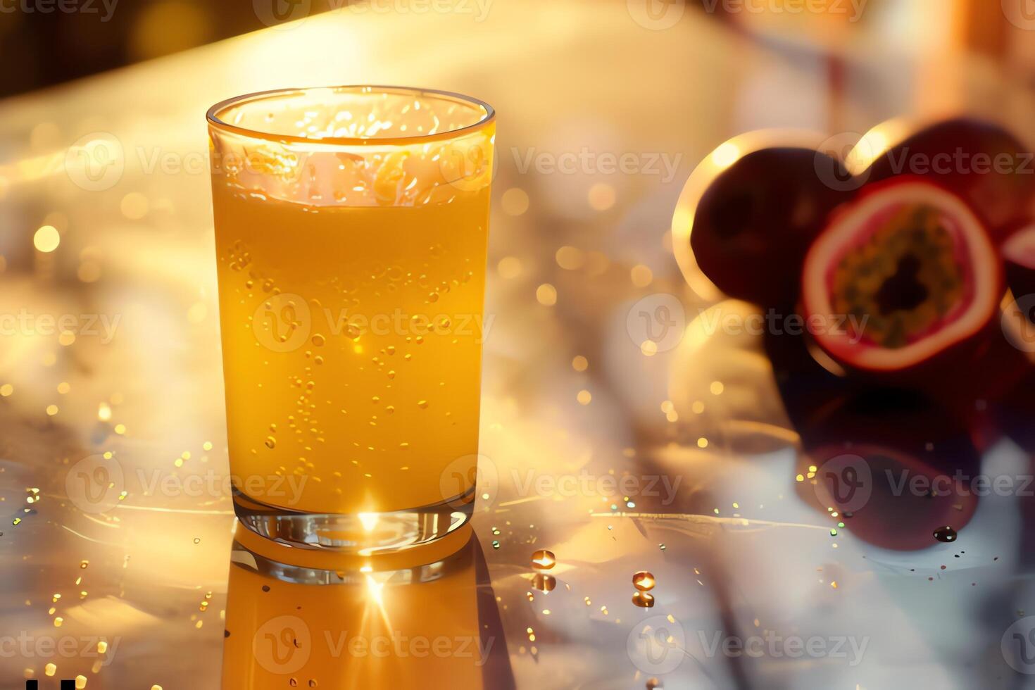 AI generated Glass of passion juice on table in cafe, closeup. photo