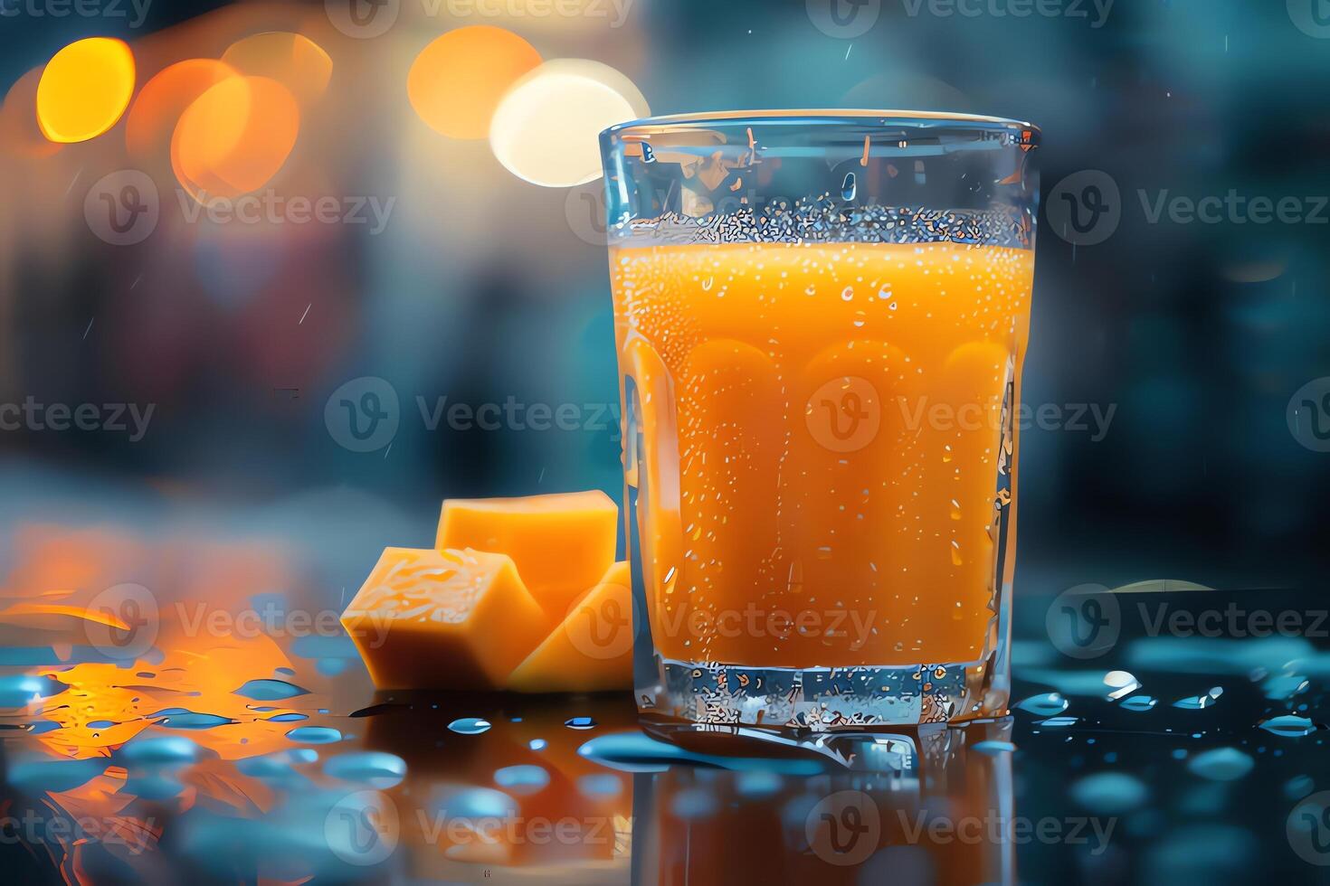 AI generated Glass of papaya juice on table in cafe, closeup. photo