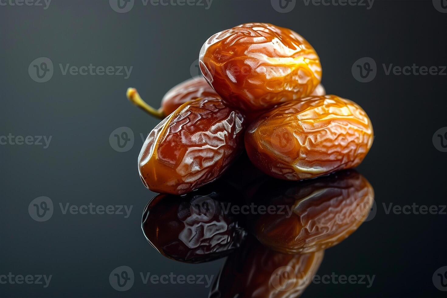 AI generated Juicy dates on a black reflective background photo