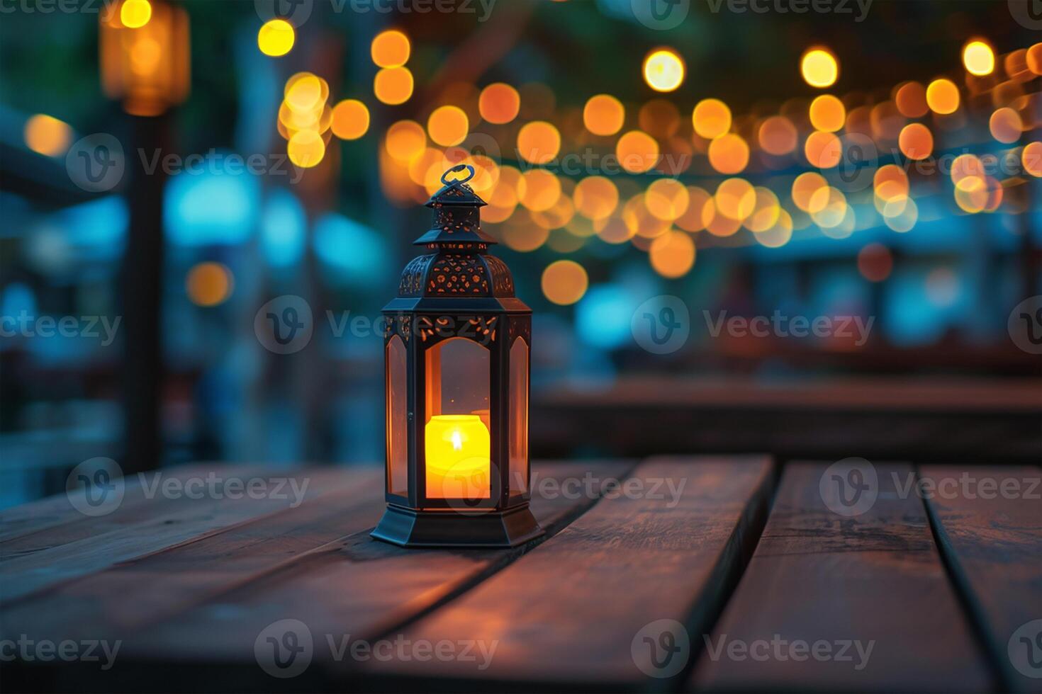 AI generated Abstract candle lantern light on wood table in blur bokeh pub restaurant dinner background concept for ramadan kareem night life photo