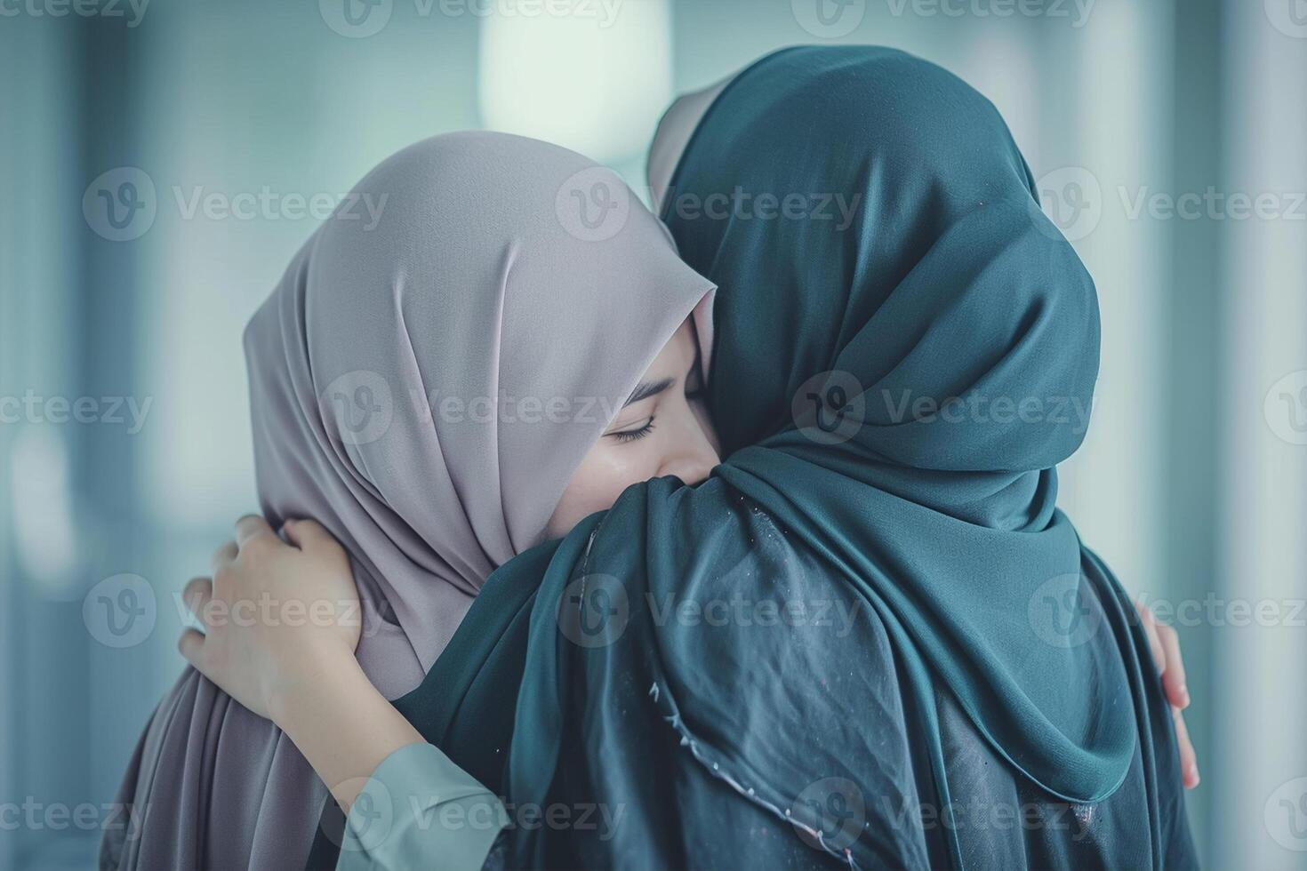 AI generated Nice to meet you, two Asian Muslim women friends meeting in office, Muslim women hugging each other photo