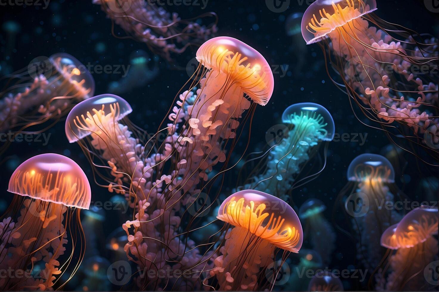 AI generated jellyfish in the water jellyfish in the water underwater view of a red and white jellyfish, Colorful jellyfish floating in water photo