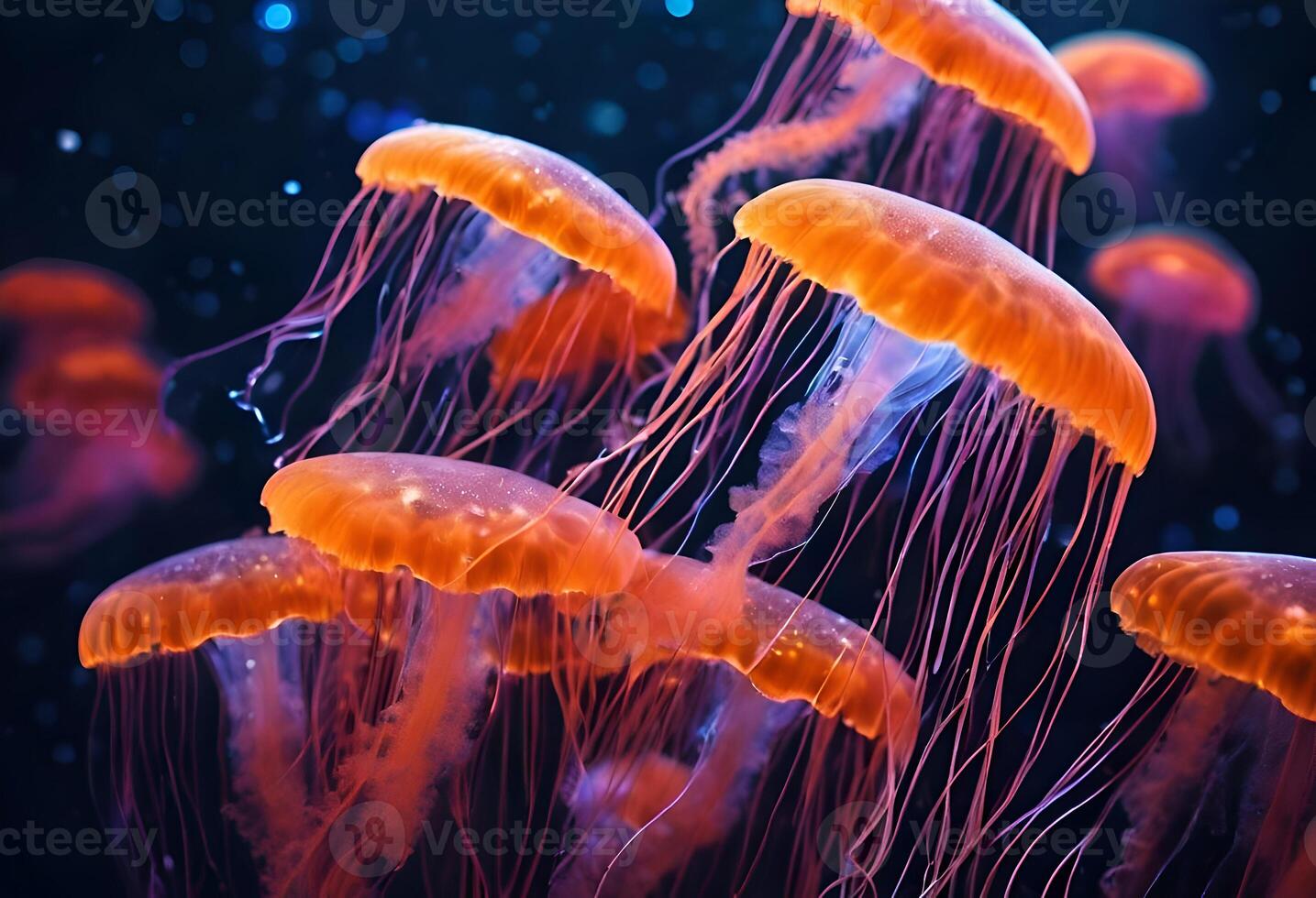 AI generated jellyfish in the water jellyfish in the water underwater view of a red and white jellyfish, Colorful jellyfish floating in water photo