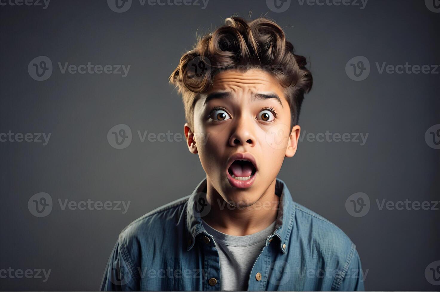 AI generated young man expressing surprise and shock with his mouth open and wide open eyes. AI Generative photo