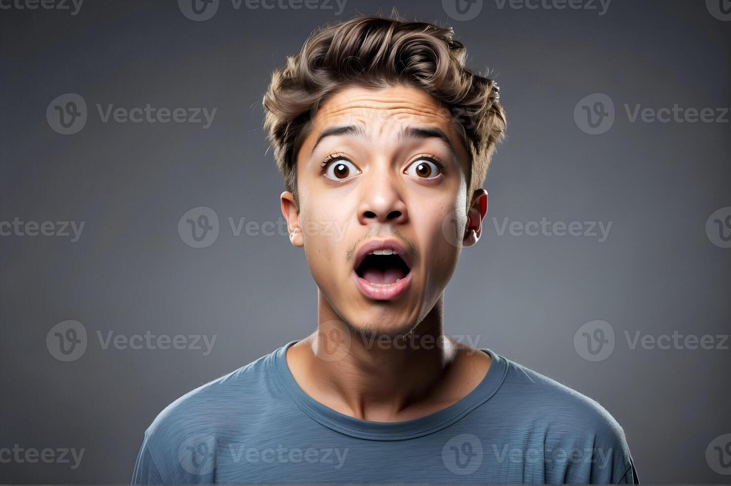 AI generated young man expressing surprise and shock with his mouth open and wide open eyes. AI Generative photo