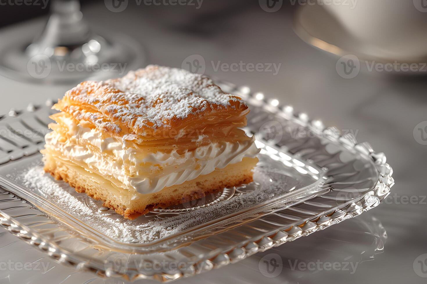 AI generated piece of cake Napoleon served on a glass plate photo