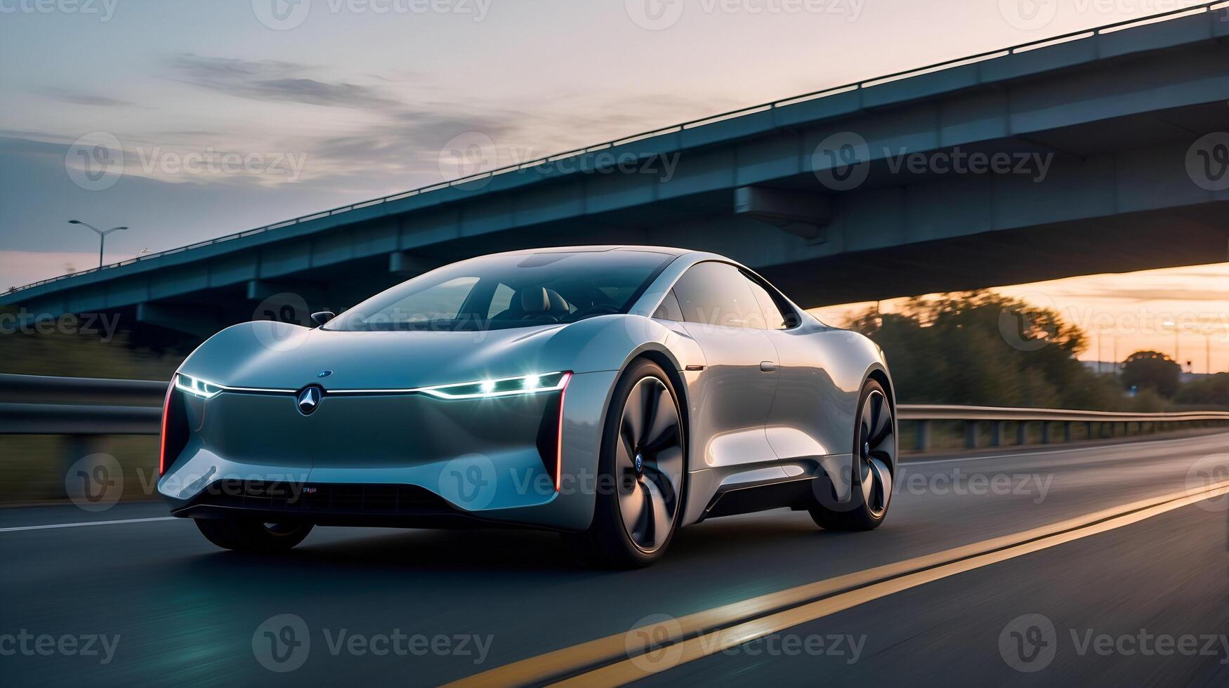 AI generated Futuristic EV car with motion lighting on highway with full self driving system activated for transportation autonomy concepts, Automotive innovation and technology concepts photo