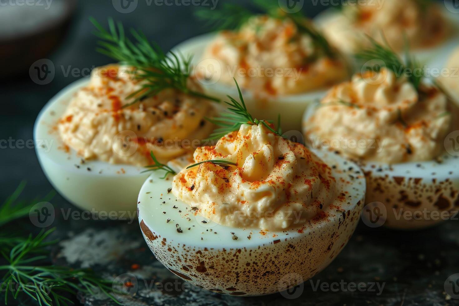 AI generated deviled egg in the kitchen table professional advertising food photography photo