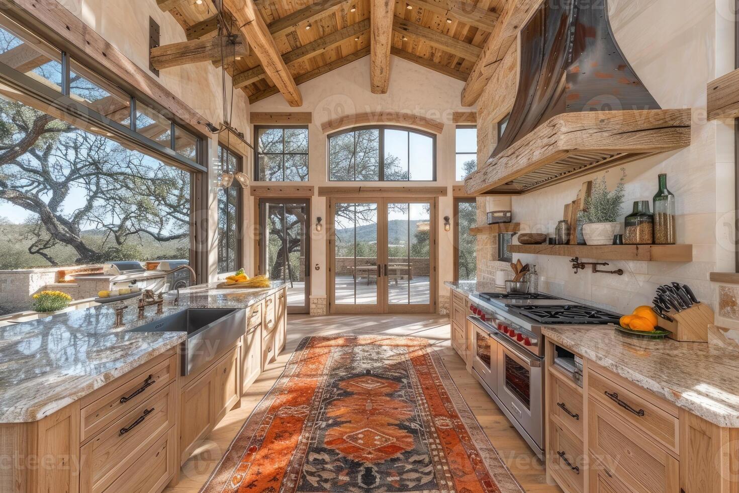 ai generado interior diseño de un moderno casa de Campo cocina con de madera armarios y flotante estantería estilo fotografía foto