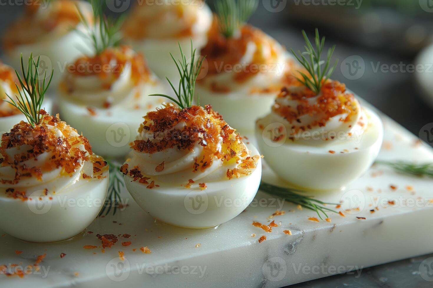 AI generated deviled egg in the kitchen table professional advertising food photography photo