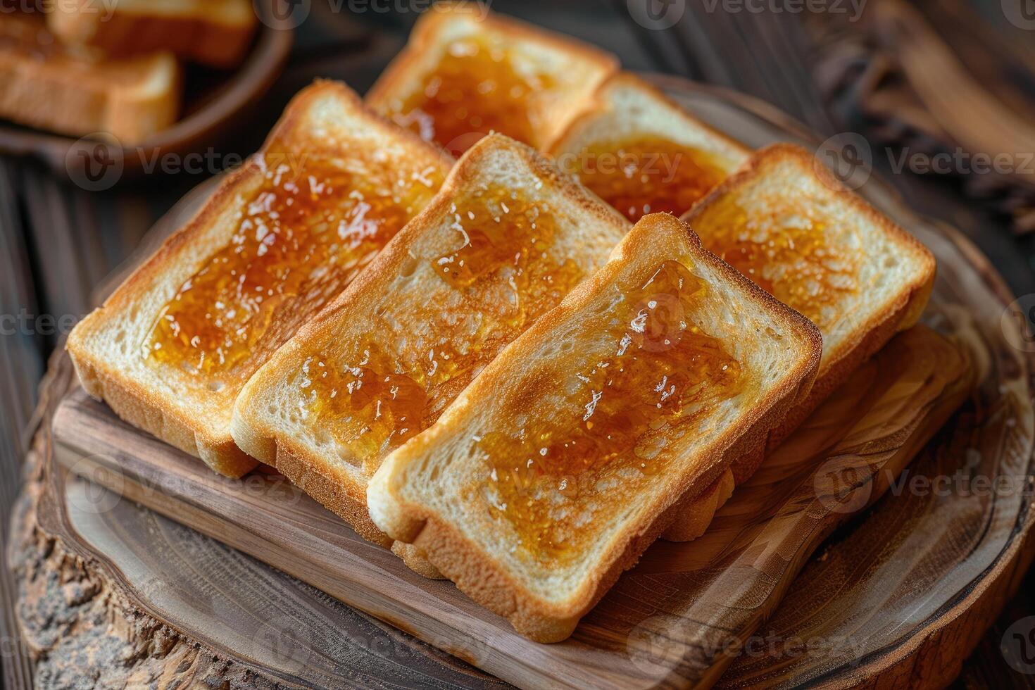 AI generated toasts with fruits jam on kitchen table professional advertising food photography photo