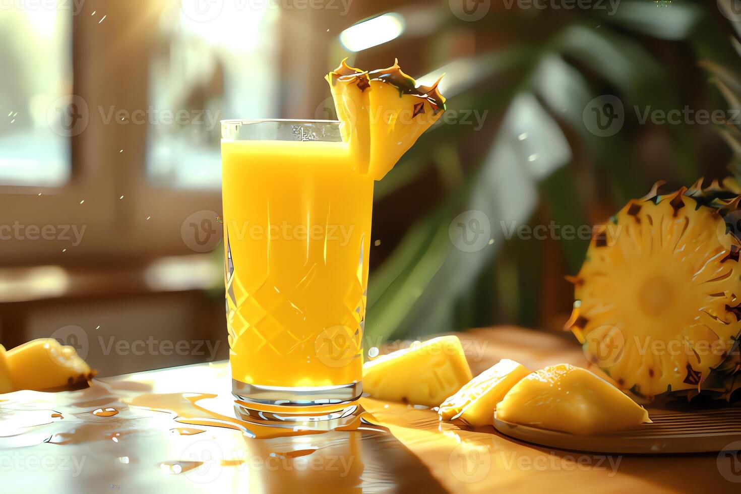 AI generated Glass of pineapple juice on table in cafe, closeup. photo