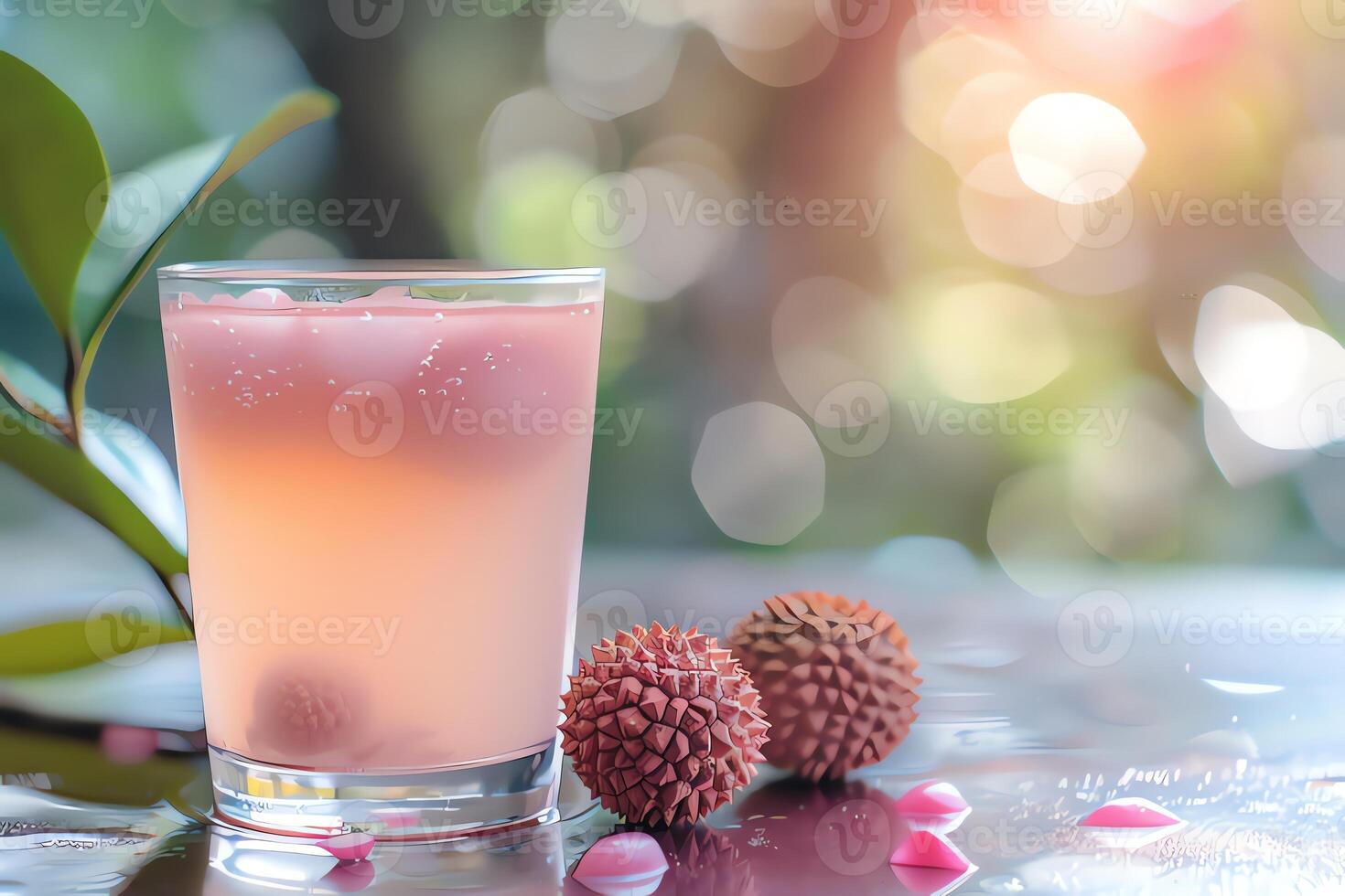 AI generated Glass of lychee juice on table in cafe, closeup. photo