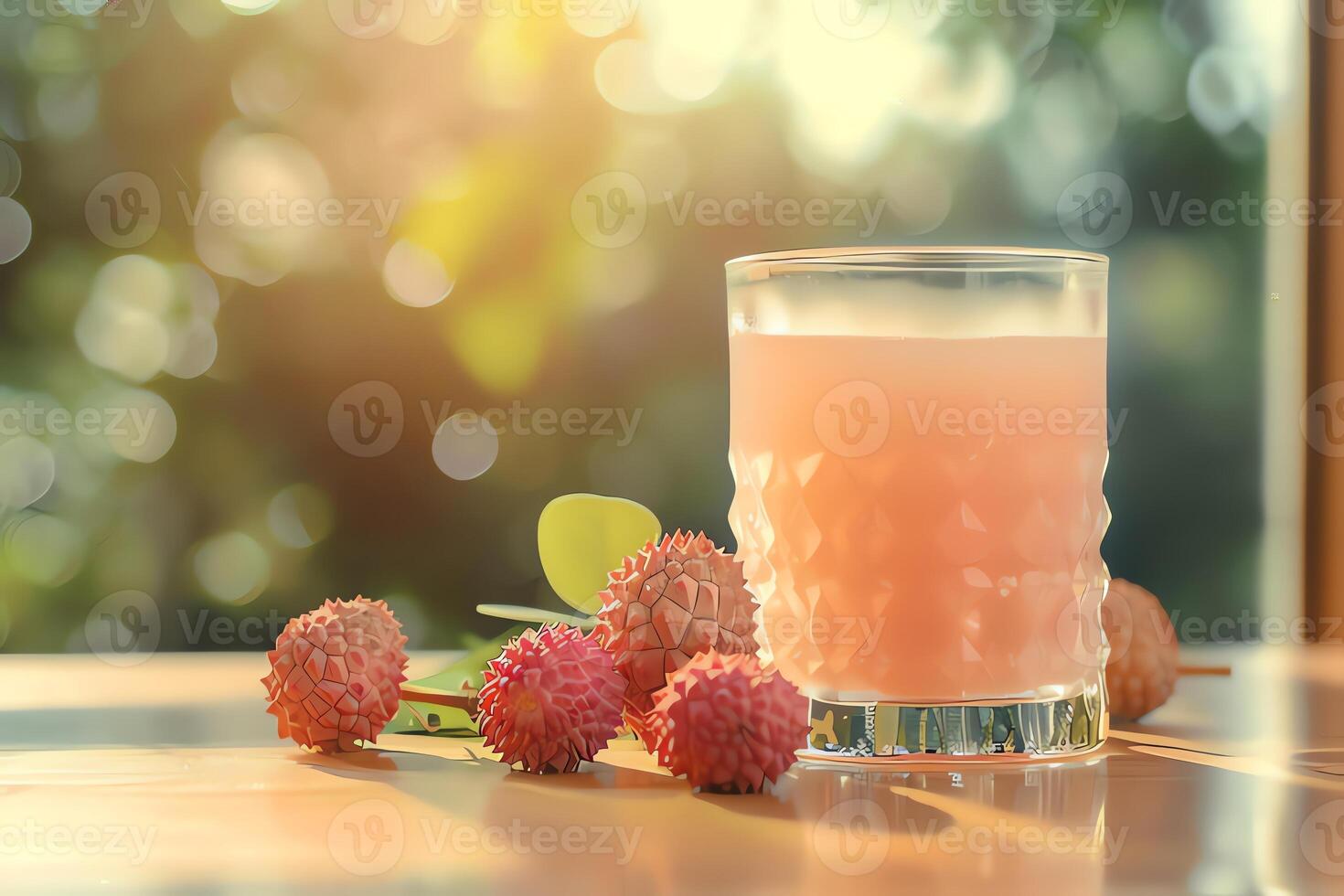 AI generated Glass of lychee juice on table in cafe, closeup. photo