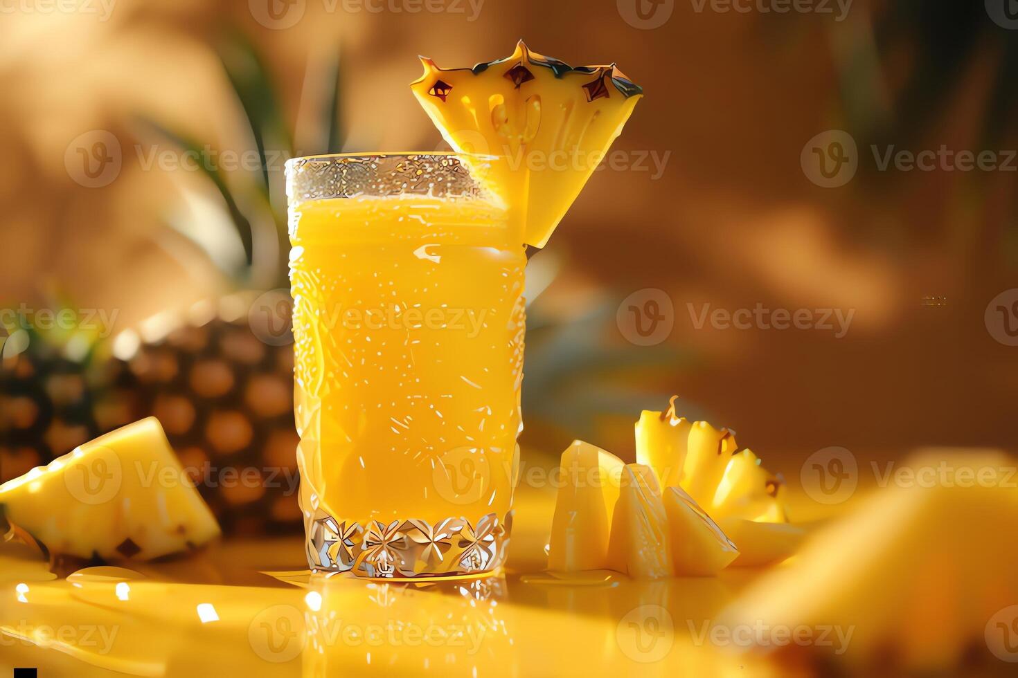AI generated Glass of pineapple juice on table in cafe, closeup. photo