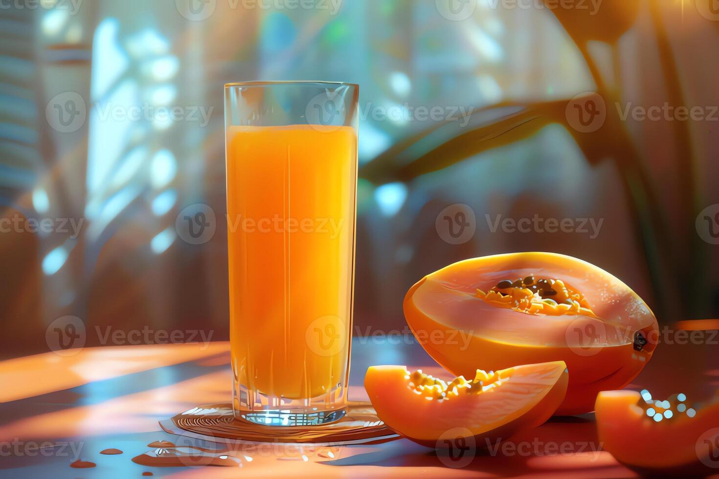 AI generated Glass of papaya juice on table in cafe, closeup. photo