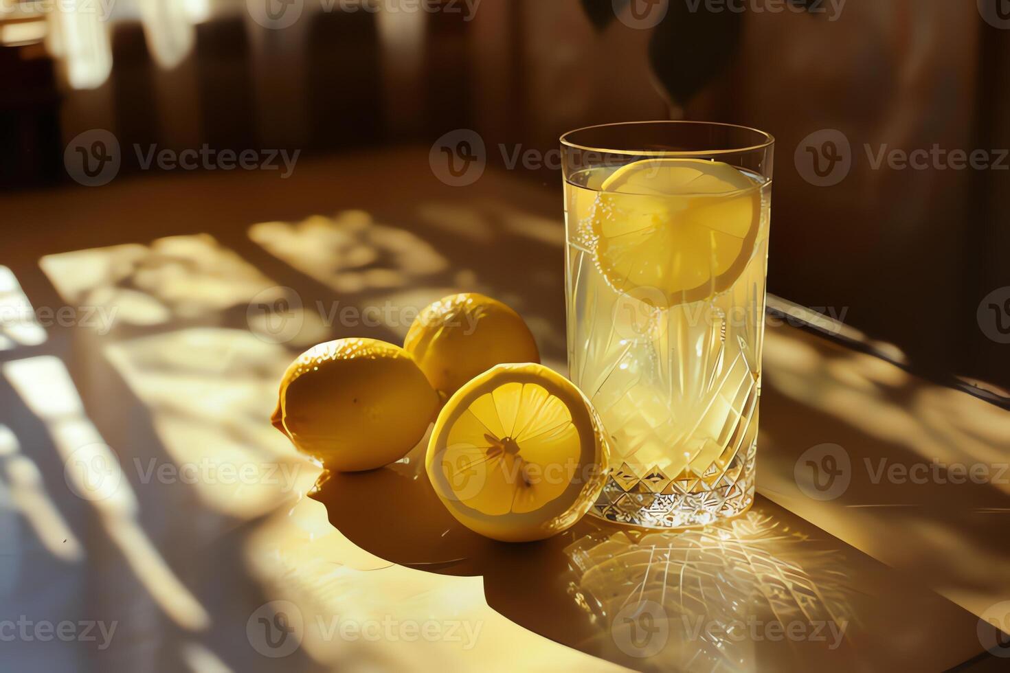 AI generated Glass of lemon juice is on the table. closeup photo