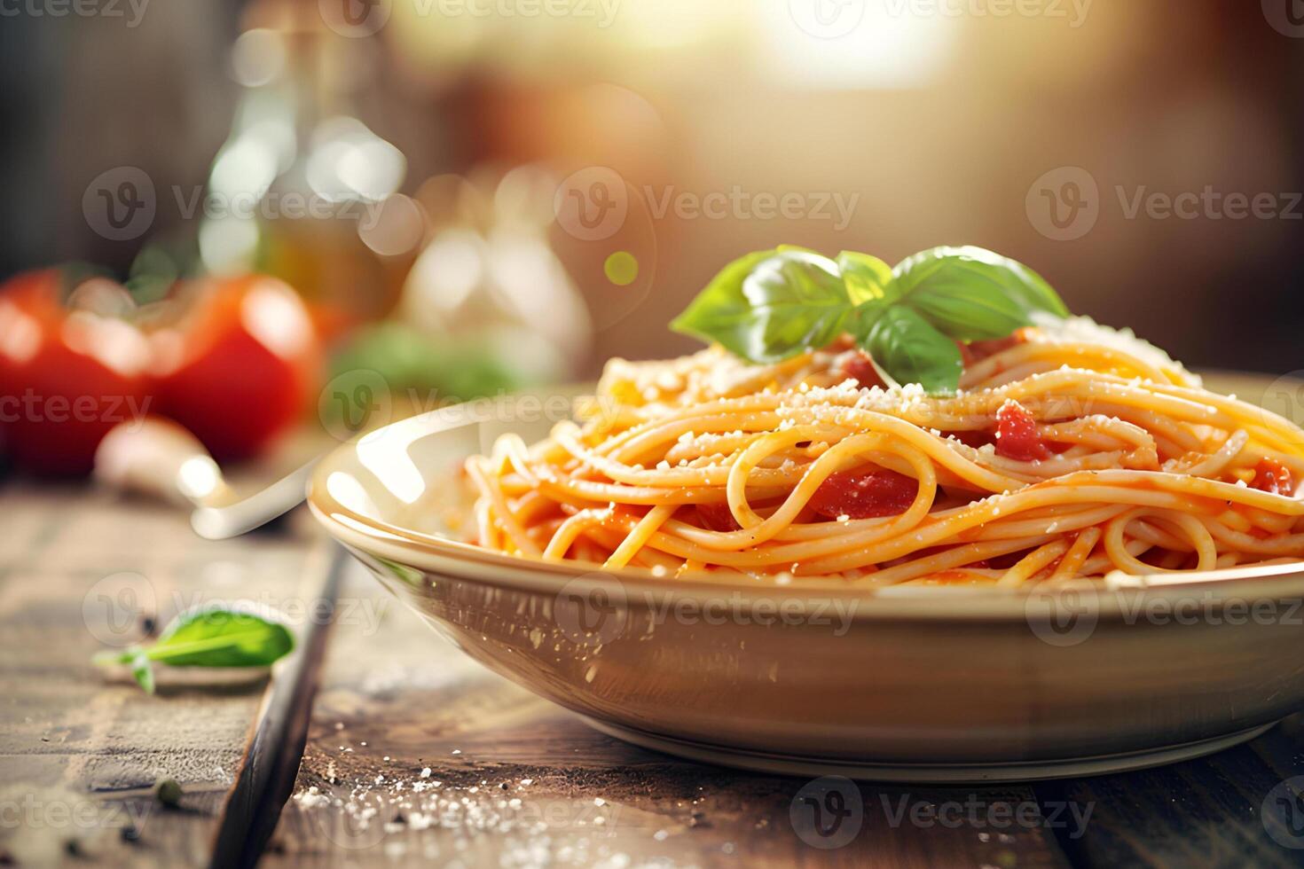 AI generated Spaghetti pasta with tomato sauce, mozzarella cheese and fresh basil in plate on wooden background photo