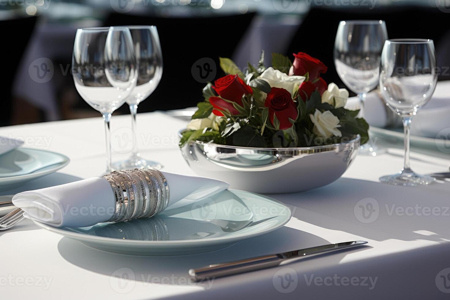 AI generated modern elegant event table and cutlery setting in a minimalist style advertising food photography photo
