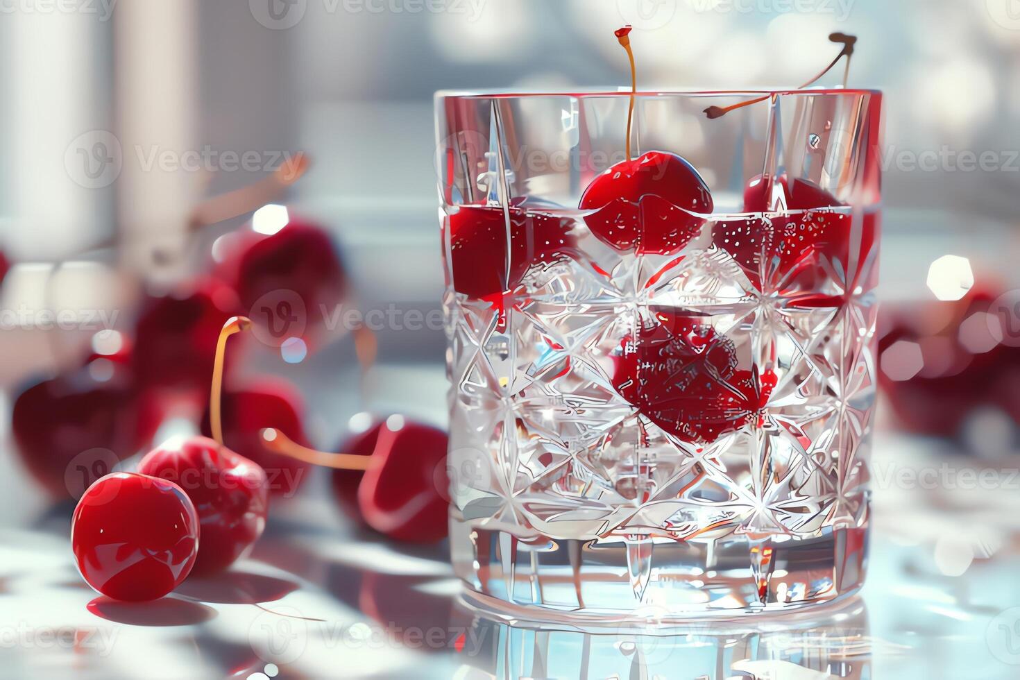 AI generated Glass of cherry juice on table in cafe, closeup. photo