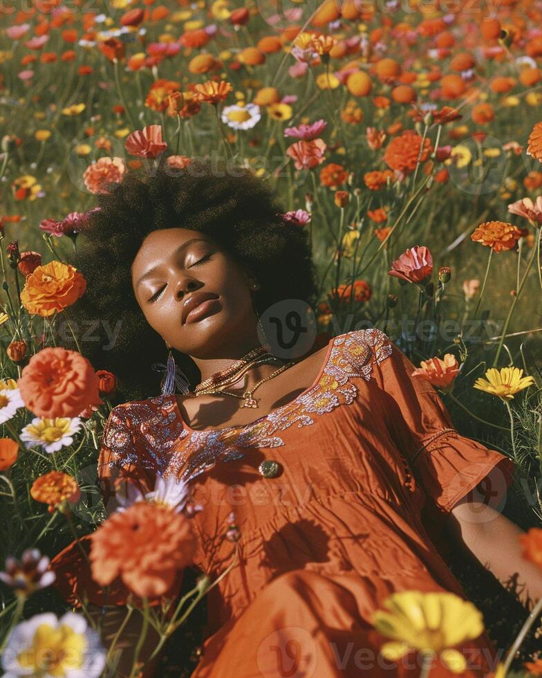 AI generated Hippie style black woman in a relaxing pose lying on a beautiful field of flowers photo