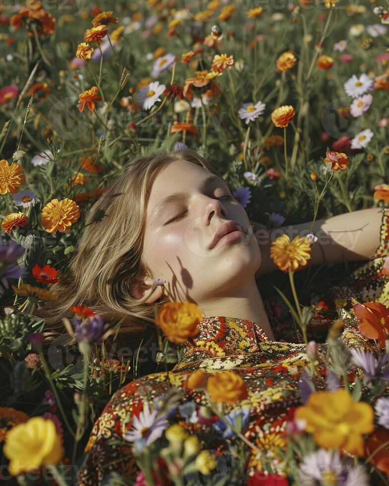 AI generated Hippie style woman in a relaxing pose lying on a beautiful field of flowers photo