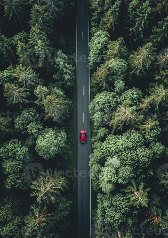 AI generated Aerial view of car travels through the calm forest road photo