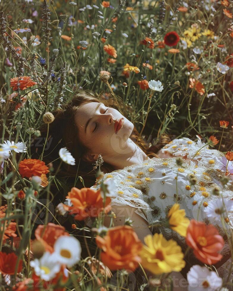 AI generated Hippie style woman in a relaxing pose lying on a beautiful field of flowers photo