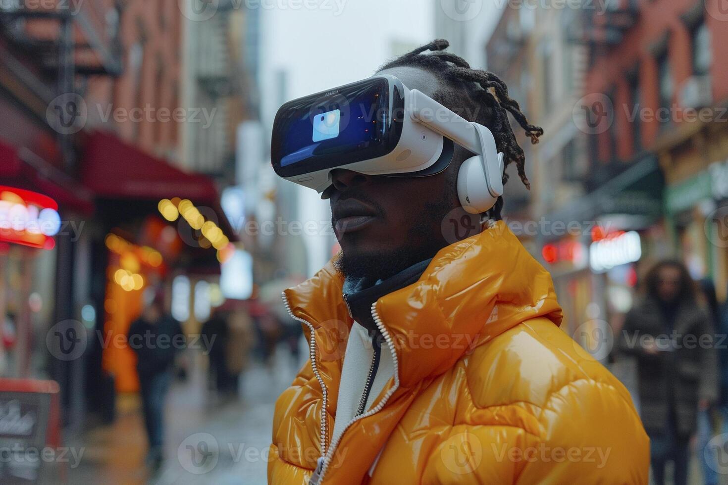 AI generated Very excited young man using Virtual Reality glasses photo