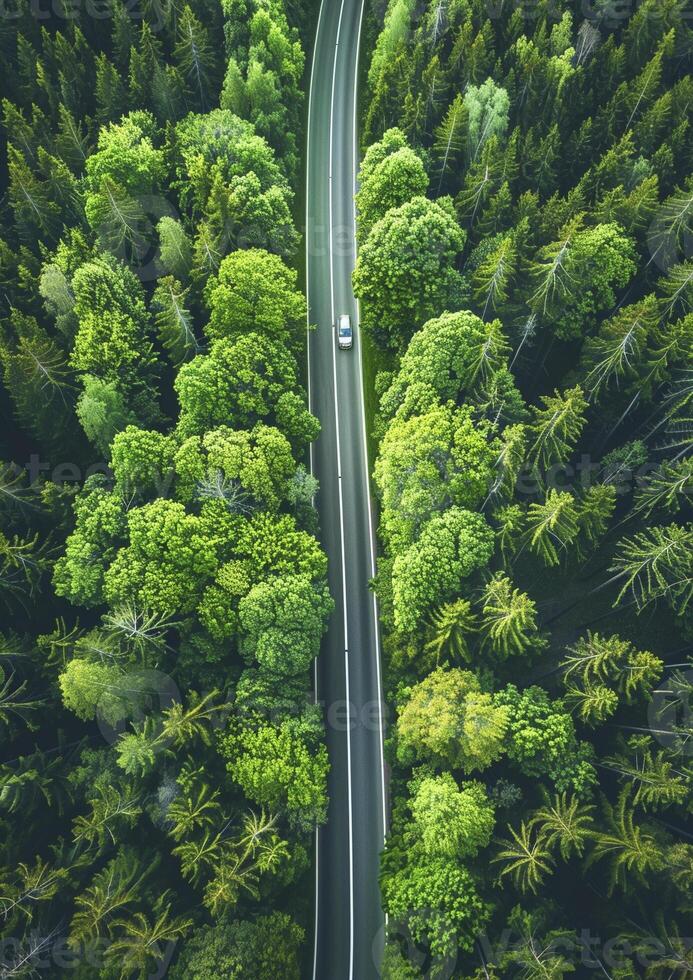 AI generated Aerial view of car travels through the calm forest road photo