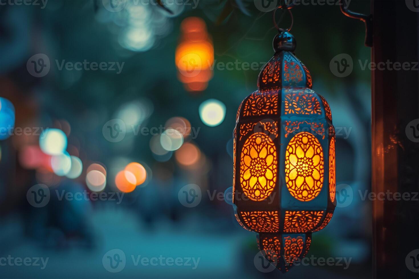 AI generated Ramadan lantern wide banner background photo