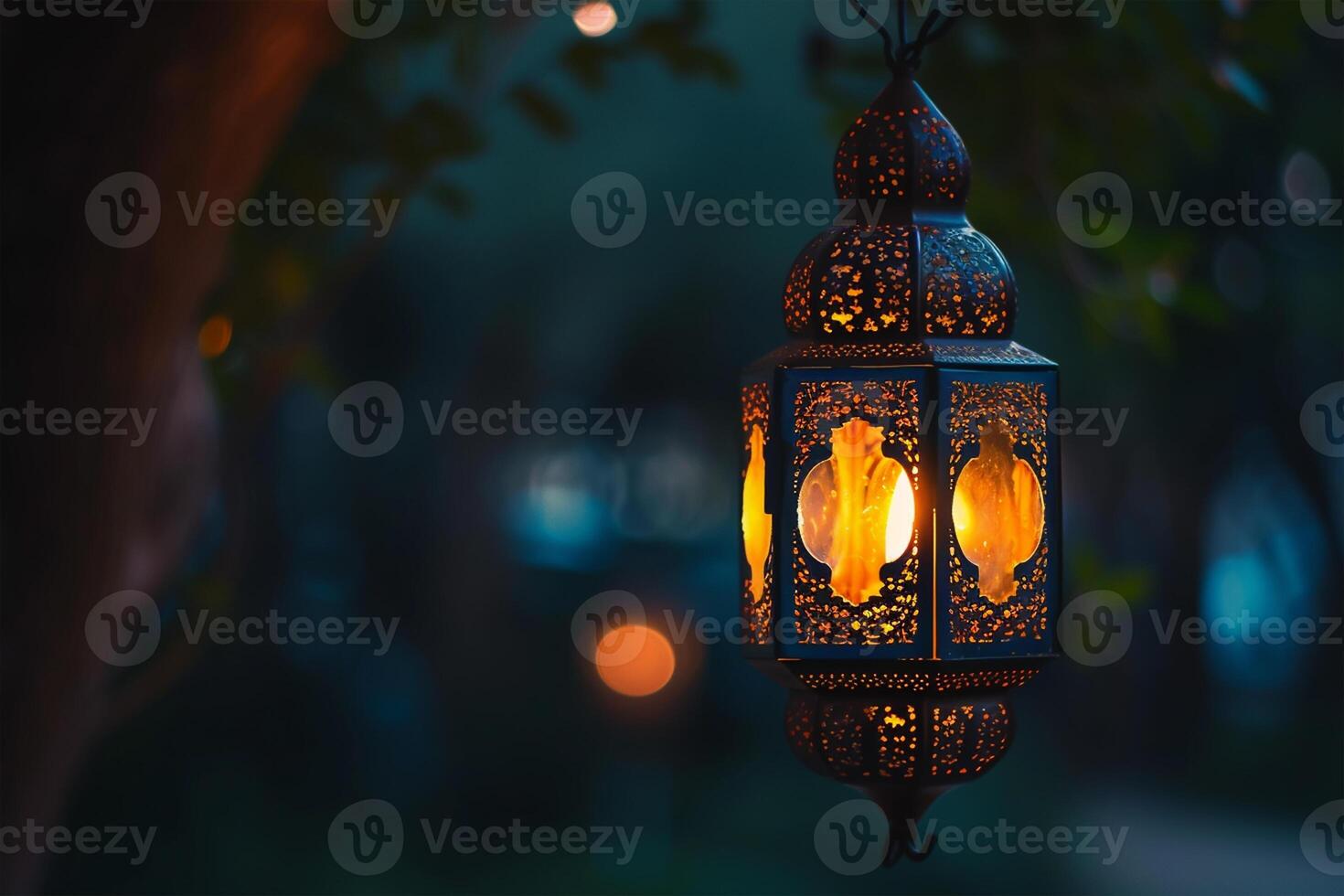 AI generated Ramadan lantern wide banner background photo