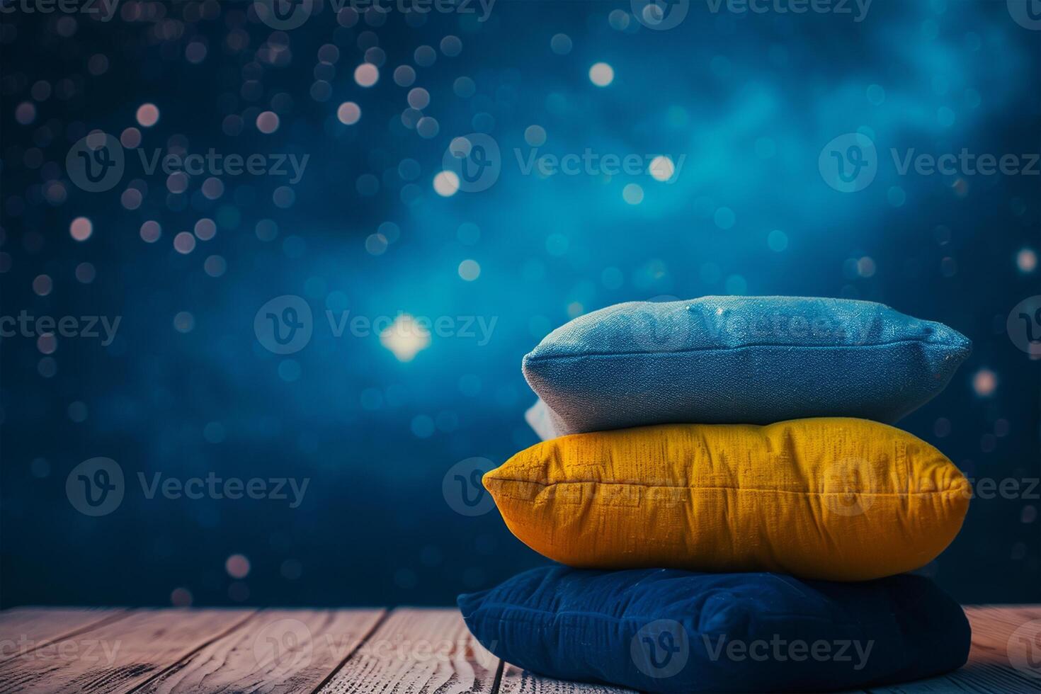 AI generated Pyramid stack of soft Pillow on star night background. Concept of good healthy sleep, sweet dreams and hypnotic pills photo