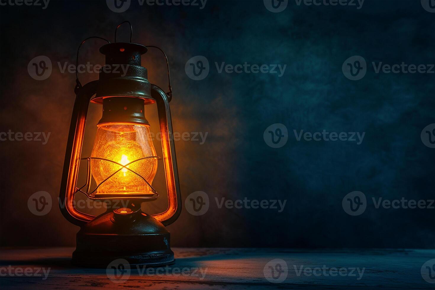 AI generated An old and shining lantern on a dark background photo
