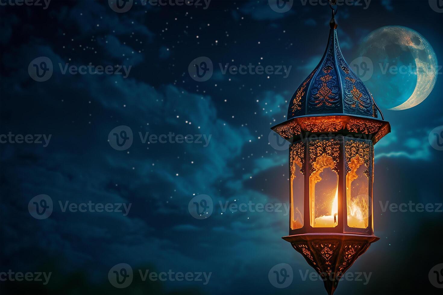 ai generado islámico linterna con ardiente vela y noche cielo con menguante crecent Luna foto
