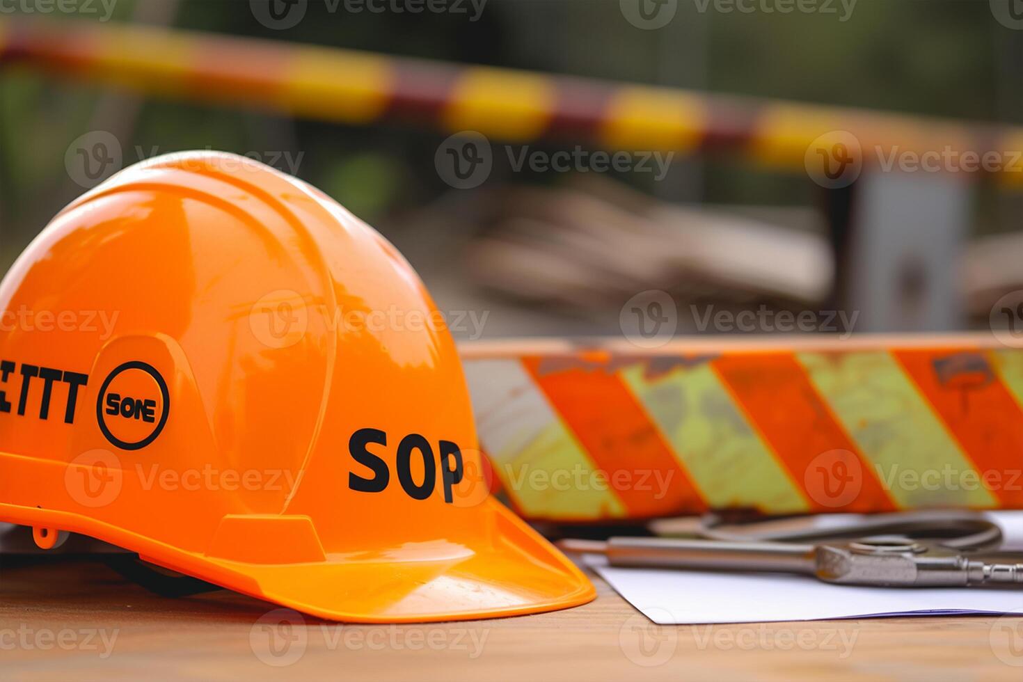 AI generated Safety First message on paper. Safety Gear. Reflective vest, safety hat or helmet and Emergency Stop Button. Safety First Concept. National Safety Day photo